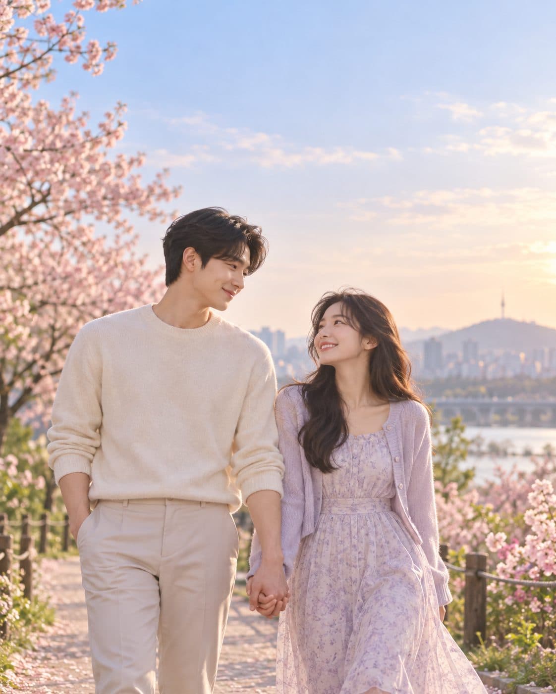 벚꽃길에서 손을 잡고 서로 바라보는 두 사람